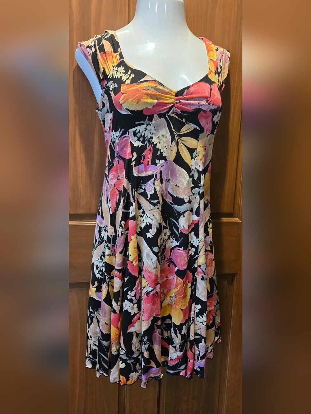 Black Floral Mini Dress with Pink & Yellow Blooms